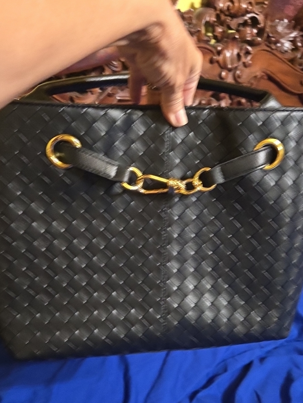 Black Botega Inspired Woven Leather Top-Handle Tote with Gold Knot Hardware